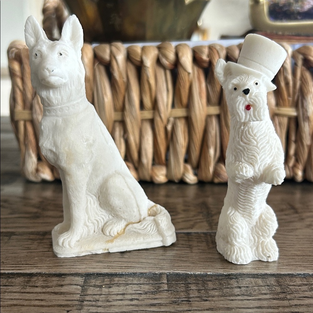 Charming vintage White Dog Figurines Set terrier with hat and Shepard collect